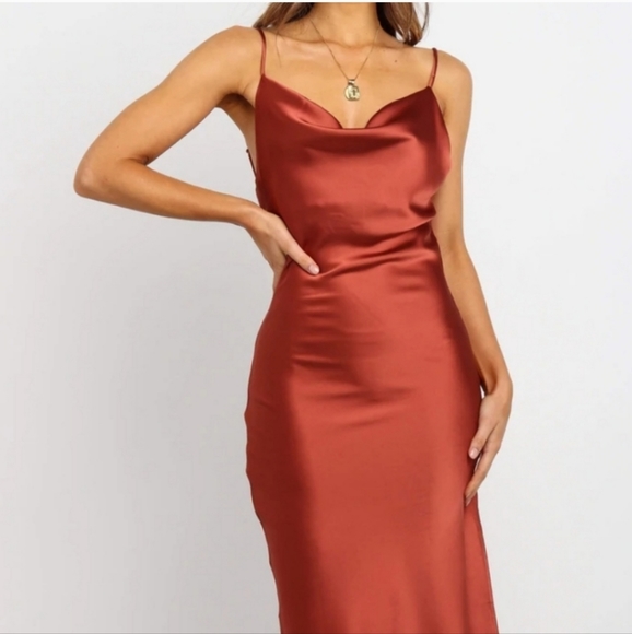 Petal & Pup Rust Cypress Draped Cowl Silky Satin Side Slit Midi Slip Dress Sz 4 - Picture 4 of 10